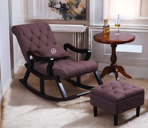 Image of Solid Sheesham Wood Rocking Chair for Living Room with Footrest and Pillow | Ergonomic Resting Chair with Ottoman for Relaxing and Pregnant Women (Brown)