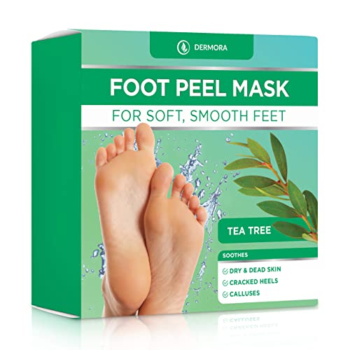 DERMORA Foot Peel Mask – 2 Pack of Regular Size Skin Exfoliating Foot Masks for Dry, Cracked Feet, Callus, Dead Skin Remover – Feet Peeling Mask for baby soft feet, Tea Tree Scent