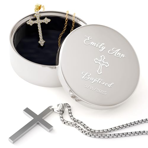 iDIY CaBoîte à Bijoux Personnalisée - Cadeau Naissance Baptême Personnalisée avec Nom & Date Gravés - Coffret Cadeau Femme/Fille/Noël - Rond en Métal...