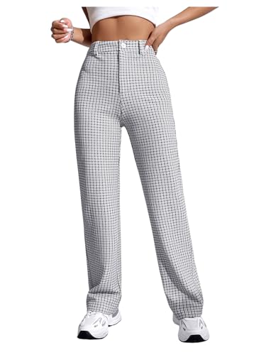 SweatyRocks Women's High Waist Plaid Dressy Casual Work Pants Straight Leg Stretchy Trousers