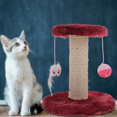 Rascador para gatos doble capa con postes de sisal y pelotas colgantes rojo oscuro miniatura 4