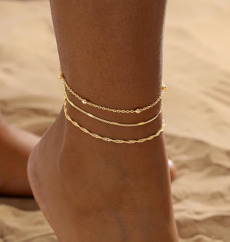 Image of 2 /3 PCS Gold Anklets for Women Waterproof Cuban Link Anklet Beaded Bracelets Stackable Bracelets 14K Gold Plated Custom Jewelry Gifts Non Tarnish Lightweight