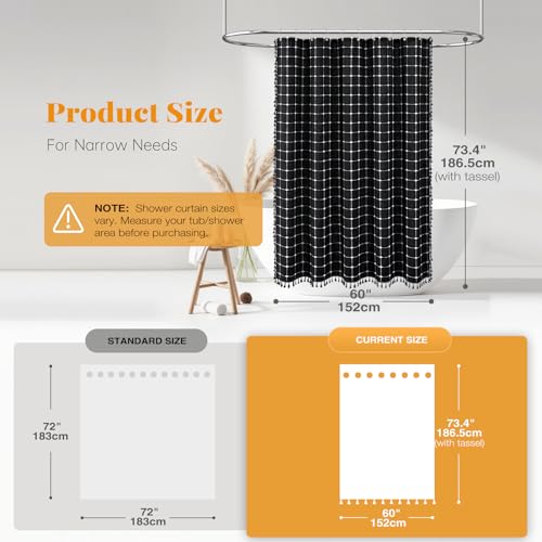 Image of BTTN 60 Inch Stall Shower Curtain - Boho Farmhouse Linen Thick Fabric Cloth Shower Curtain Set with 10 Plastic Hooks, Bohemian Country Decorative Shower Curtain for Bathroom, 60x72, Black and White
