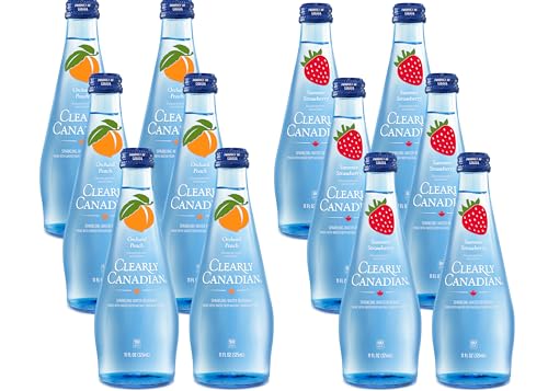 Image of Clearly Canadian Sparkling Flavored Water, 11 oz Glass Bottles - Variety of Refreshing Flavors, Premium Carbonated Beverage, Available in 12-Pack and 24-Pack Options (12 Pack, Peach /Strawberry)