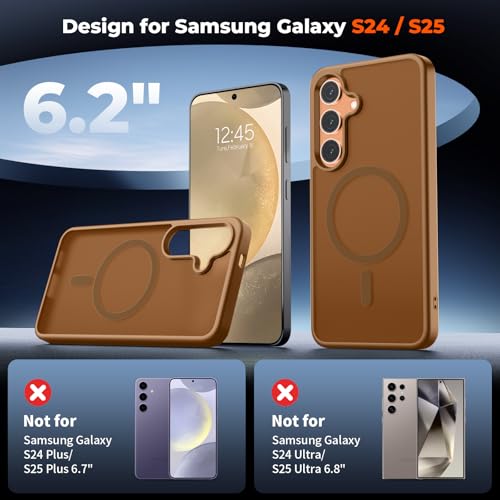 Image of SUPFINE Magnetic for Samsung Galaxy S24 Case / S25 Case with Screen Protector, (Built-in Magnets) (Military Grade Drop Protection) Slim Translucent Shockproof Phone Case,Brown