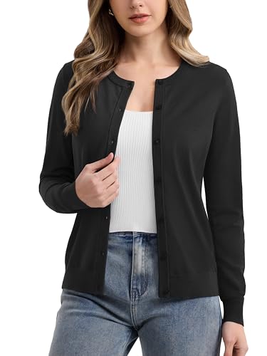 MAGCOMSEN Women's Cardigan Sweaters Lightweight Knit Soft Crew Neck Long Sleeve Open Front Button Spring Casual Cardigan