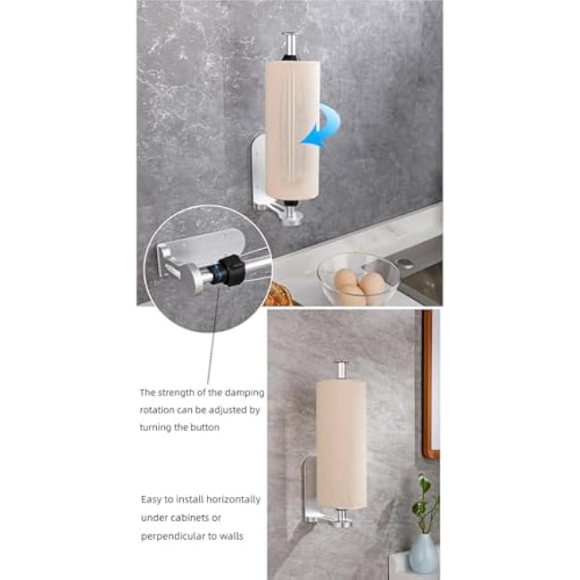 Wall Mount Paper Towel Holder with Damping Function,Easy Tear Ratcheting Paper Towel Holder,Self-Adhesive or Drilled for Kitchen Bathroom,Stainless Steel(Silver)