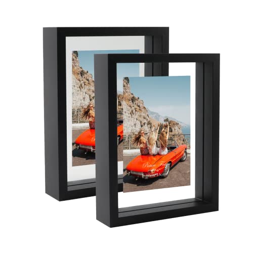 EXYGLO 2 Pack Schwarz Bilderrahmen 10x15 cm, Doppelglas Schwimmende Fotorahmen für Tisch- und Wandmontage, Zeigen Fotos bis zu 15x20 cm