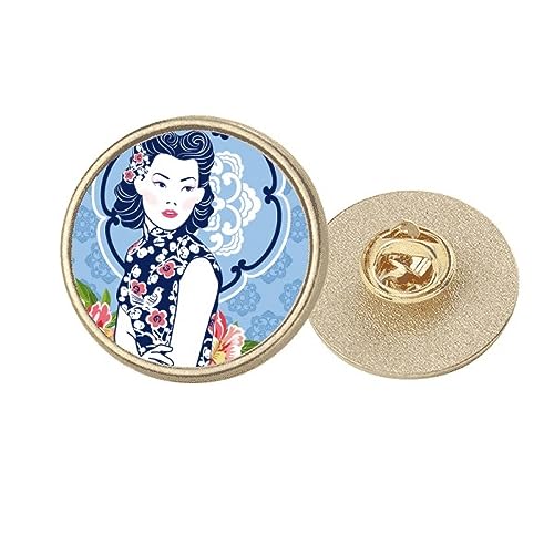 Broche ronde métal doré fleur bleue chinoise culture M, cadeau femme chic
