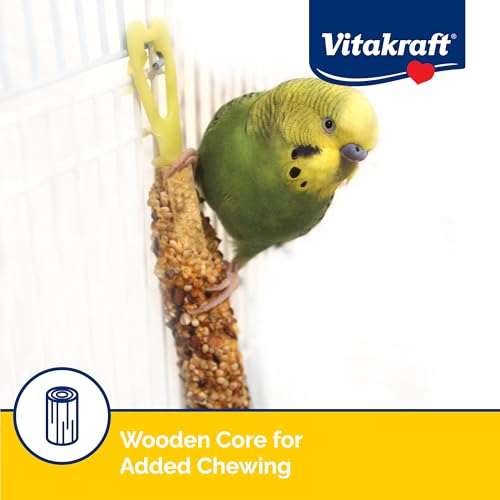 Image of Vitakraft Crunch Sticks Parakeet Treats Golden Honey Flavor - Triple-Baked Snack with Vitamins A D3 E Riboflavin and B12 - Natural Wood Chew Center and Cage Clip Holder - Engaging 2 Stick Pack