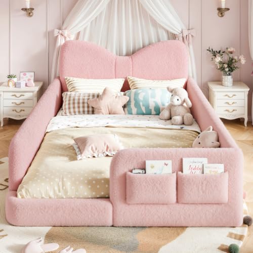 Image of Full Size Kids Bed with Bow-Shaped Headboard, Upholstered Teddy Fabric Twin Daybed with Slats Support & Side Pockets, Space-Saving Wooden Corner Sofa Couch Bed Frame for Girls, Boys, Teenager(Pink)