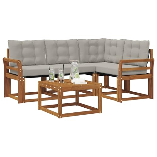 Canapé d'angle de jardin modulable en acacia | Coussins gris déperlants - 4