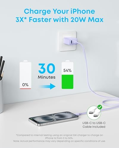 Anker iPhone Charger, 2-Pack 20W Fast USB C Charger Block, Type C Charger Fast Charging for iPhone 17/17 Pro Max/16 Series/iPad Pro and More (Purple, 2 Pack & 2 Cable) - 3