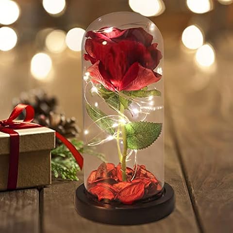 SHARON COOPER Roses Gift for her, Artificial Flower Led Light in Glass Dome on Wooden Base for Home Decor Love Gifts For Mom,Women,Mom Gift For Mothers Day,Valentines Gifts For Her Cover