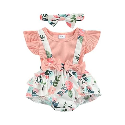 Douhoow 0-18M Newborn Baby Girls Outfit Infant Summer Fly Sleeve Floral Bow Romper +Headband 2pcs /Set, Pink 2, 0-3 Months Cover