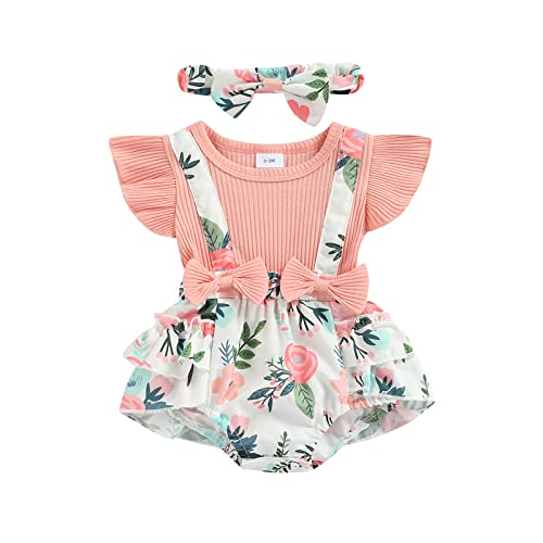 Image of Frietlebird Newborn Baby Girl Clothes Floral Romper Ruffle Sleeve Onesie Dress with Headband Spring Summer Outfit