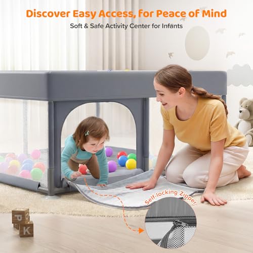 Image of Dripex Baby Playpen, 47 inchx47 inch Small Play Pen for Babies, Light Grey | With Buildmat /Colorful Balls / Pull up Rings, Breathable Visible Mesh, Easy Setup, Indoor /Outdoor Use