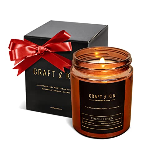 Craft & Kin CAN-205 Fresh Linen Candle | Premium Scented Candles For Men & Women | Summer Candle | 8 Oz 45 Hour Burn | Soy Candles For Home Scented, Masculine Candle | Aromatherapy Candles In Amber Jar cover