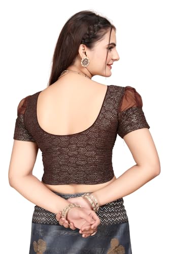 Image of SFT Women's Organza Patch Readymade Saree Blouse with Round Neck Half Sleeves Abstract Pattern Pull On Closure Regular Fit and Standard Length