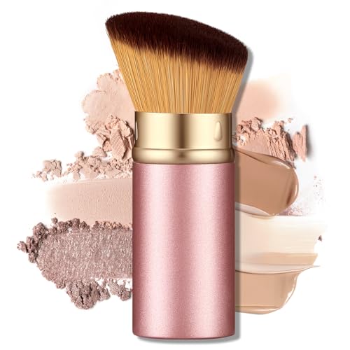 HEYOTECK Retractable Kabuki Travel Makeup Brush All-in-One Face Brush with Protective Cap Ultra-Soft Dense Bristles for Powder Blush Foundation Flawless On-the-Go Application(Pink)