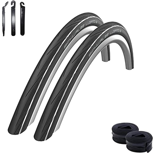 2 x Schwalbe Lugano 2 28 Rennradreifen Fahrradmantel - Schwarz/Weiß - (25-622) + 2 Schwalbe Schläuche SV15 40 mm inkl. Reifenheber
