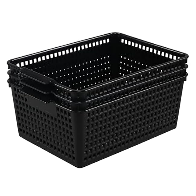 Kitchen Storage Basket Bin Set of 3, Plastic Organizer Basket, Black, F