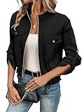 EVALESS Womens Black Zipper Crop Jacket Roll Long Sleeve Drawstring Hem Lightweight Fall 2024 Cropped Coat with Pockets Large