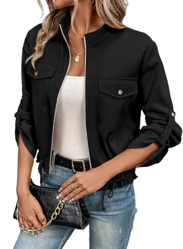 EVALESS Womens Black Zipper Crop Jacket Roll Long Sleeve Drawstring Hem Lightweight Fall 2024 Cropped Coat with Pockets Large