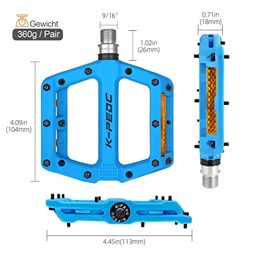 K Pedc Bike Pedals With Reflective Strips,Road/Mtb Bike Pedals,Universal 9/16 Inch Mountain Bike Pedals,3 Bearing Non-Slip Lightweight Nylon Fiber Bicycle Platform Pedals For Bmx Mtb (Blue) #TOP2