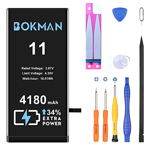 bokman Batterie Interne pour iPhone 11 4180mAh, Batterie Polymère Li-ION Haute Capacité avec Trousse à Outils et Bandes Adhésives Cover