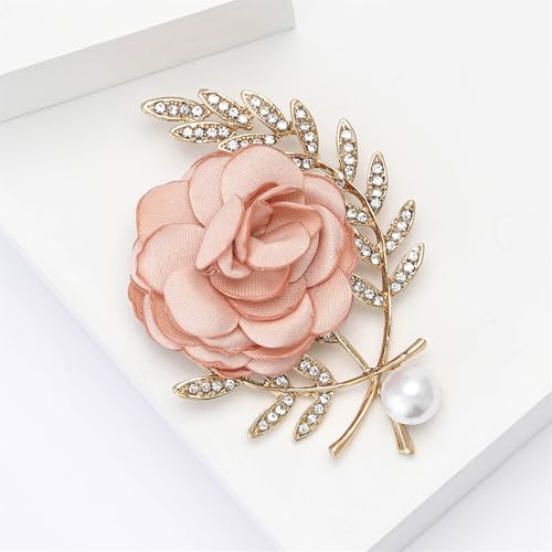 Image of Rose Brooch for Women,Dainty Satin Fabric Flower Lapel Pins Vintage Elegant Pearl Brooches Handmade Crystal Pearl Pins Silk Camellia Safety Collar Pin Dress Suit Accessories Wedding Bridal Bouquet Jewelry
