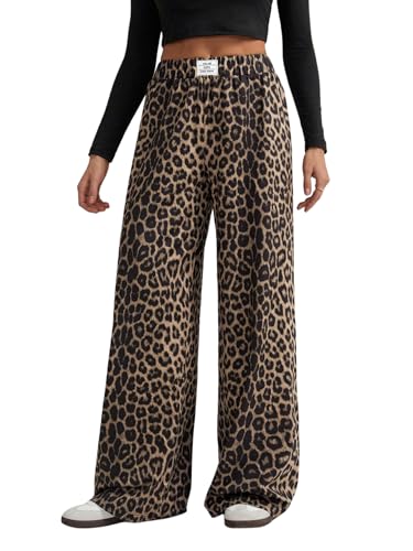 GORGLITTER Womens Leopard Pants Cheetah Animal Print Wide Leg Elastic High Waisted Baggy Causal Travel Sweat Pants Brown Large