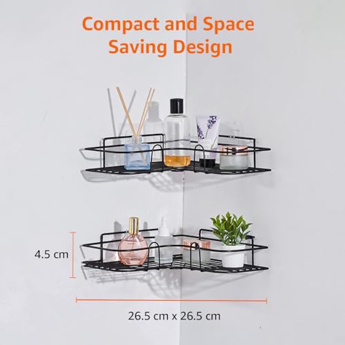 Image of Amazon Basics Self-Adhesive Corner Shelf | No-Drill, Wall-Mounted Organizer for Bathroom, Kitchen & Living Room - Premium Rust Proof GI Metal, 27 x 27 x 6 cm, Black, Pack of 2