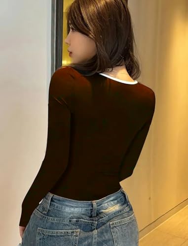 Image of Black Slim Fit Scoop Neck Top, Long Sleeves Top for Women,Front Knot Top