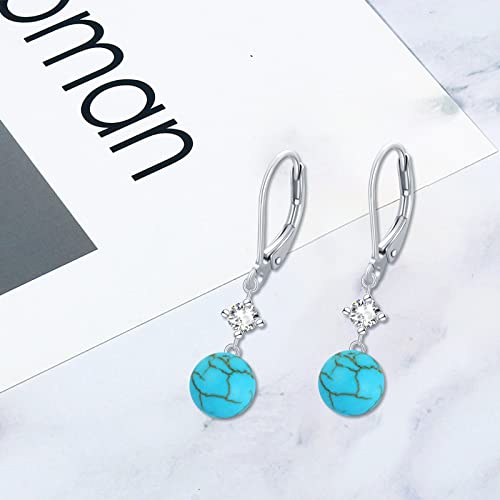 Turquoise Leverback Earrings,S925 Sterling Silver Turquoise Blue Gemstone Bead Ball Drop Earrings Jewelry For Women Girls (Drop) #TOP2