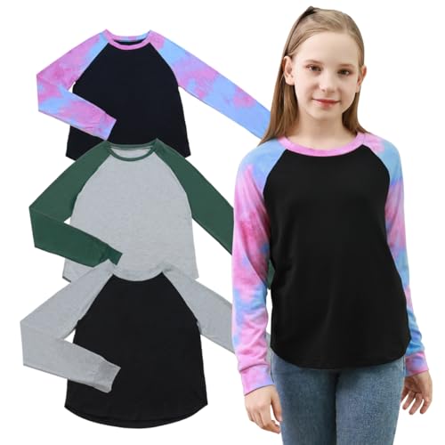 GORLYA 3 Pack Girls Contrast Patchwork Raglan Sleeve T Shirt Basic Long Sleeve Casual Tee Tops Multipacks for 8-16Y