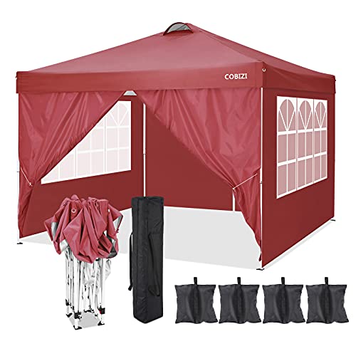 Image of COBIZI 10x10ft Pop Up Canopy Tent, Folding Garden Gazebo with 4 Sidewalls, Heavy Duty Powder-Coated Steel Frame, Waterproof Marquee for Garden, Camping, Beach and Outdoor Events, Red