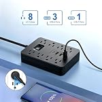 Barre de puissance du protecteur de surpression, 12-in-1 Station de recharge avec 8 Largement espacées AC Sorties & 4 USB Ports (USB-C), Cordon d'extension de prise plat, Extendeur de sortie multi-plug à montage mural pour la maison, bureau