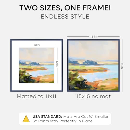 Image of Homeforia 15x15 Blue Picture Frame, High-End Metal, 11x11 Mat, Glass | High End Aluminum, Tempered Glass, Acid-Free 11x11 Removable Mat, 15x15 in Edge-to-Edge Display 15x15, Wall Kit, Set Of 2