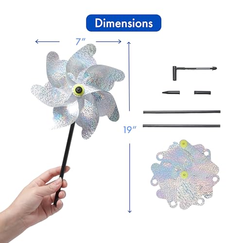 BIRD BLINDER 8-Pack Bird Deterrents for Outside - Reflective Pin Wheels for Garden and Yard - 7 x 19 in Holographic Windmills for The Yard Garden - Durable Outdoor Bird Deterrent Spinners - Silver