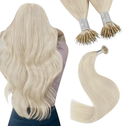 YoungSee Blonde Nano Hair Extensions 16 inch Remy Nano Beads Hair Extensions White Blonde Nano Ring Hair Extension Human Hair Platinum Blonde for Wedding Cold Fusion Smooth 50s 50g