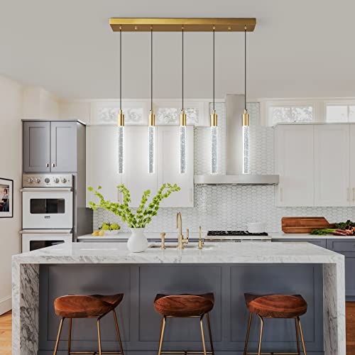 Image of Kitchen Island Lighting Modern Light Fixture Gold Pendant Light Dimmable LED Brass Finish Mini Crystal Pendant Lights for Dining Room Living Room(5-Light)