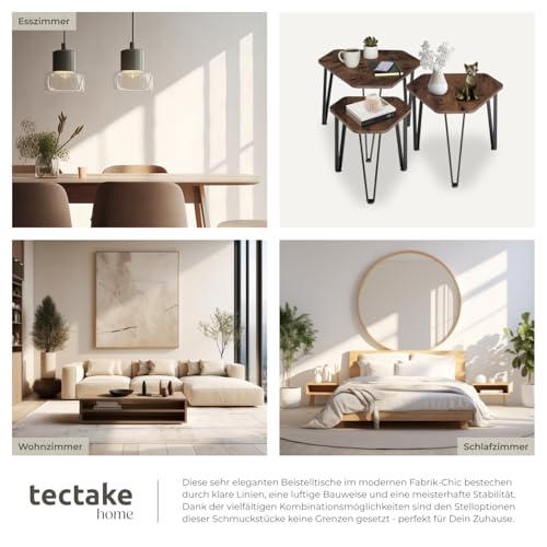 tectake® 3er Set Beistelltisch, sechseckiger Couchtisch in 3 Größen, Möbel für Sofa, Couch, Deko Wohnzimmer, als Blumenständer oder Schlafzimmer Nachttisch - Industrial Dunkelbraun – Bild 8