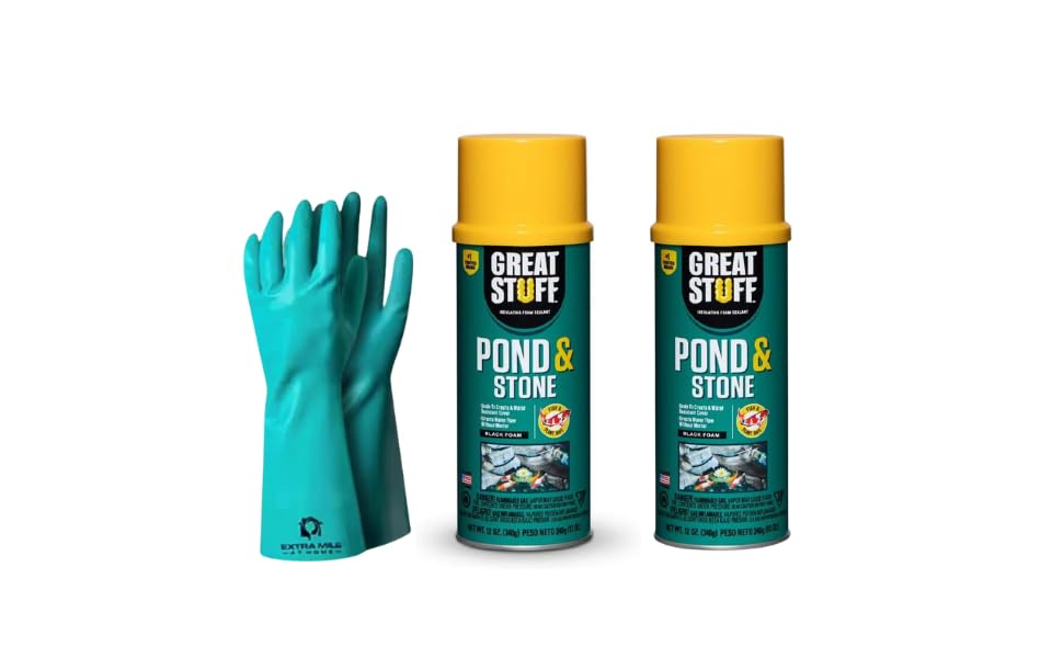 2-Pack Pond & Stone Insulating Foam Sealant 12 oz Black + Gloves – Outdoor Waterproof Crack Filler Bundle