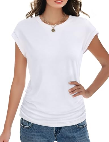 Trendy Womens Summer Tops 2025- Chic Ruched Short-Sleeve Crewneck T Shirts Fashionable Casual Wear4