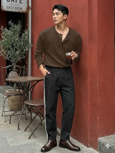 Image of Men's Textured Fabric Solid Color Basic Half-Open Collar T-Shirt, Fall Long Sleeve Men Shirt | Tshirt for Men