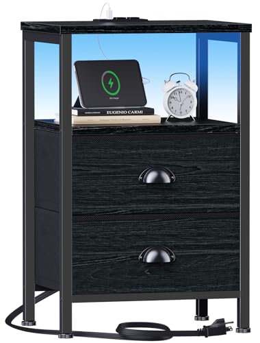 Image of Furologee Nightstands with Charging Station, End Table with LED Lights, Black Night Stands with 2 Fabric Drawers, Bedside Tables with Shelves for Living Room /Bedroom,Black Oak