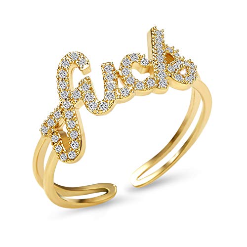 EXGOX Tiny Cubic Zirconia Band Word Rings 18K Gold Plated CZ Simulated Diamond Stackable Ring Eternity Bands for Women/Men Adjustable for US Size 4-12