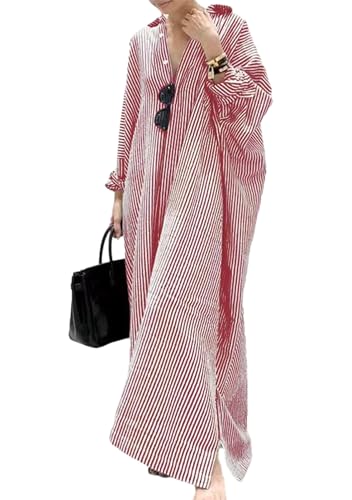 OMZIN Donne Plus Size Striped Button Down Abito in Lino Arrotolato Manica Maxi Oversize Abiti Rosso M