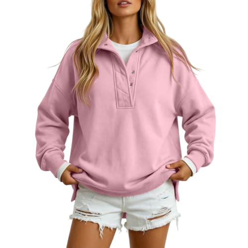 XINGJIAARTS Mock Neck Sweatshirt Women Stand Collar Soft Fleece Button Up Pullover Tops Loose Drop Shoulder Casual Outfits RD2 X-Large - image 1